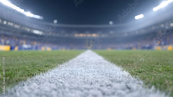 Obraz A football stadium at night with glowing lights illuminating the field and empty stands, creating a dramatic and atmospheric scene that highlights the anticipation of a big game or event.
