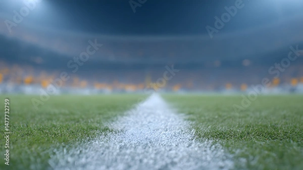 Fototapeta A football stadium at night with glowing lights illuminating the field and empty stands, creating a dramatic and atmospheric scene that highlights the anticipation of a big game or event.

