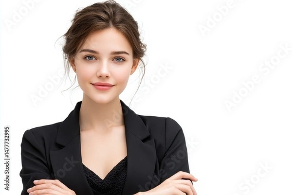 Fototapeta Portrait of a young woman with curly brown hair, wearing a black blazer and black top, against a white background. She has her arms crossed and a pleasant expression.