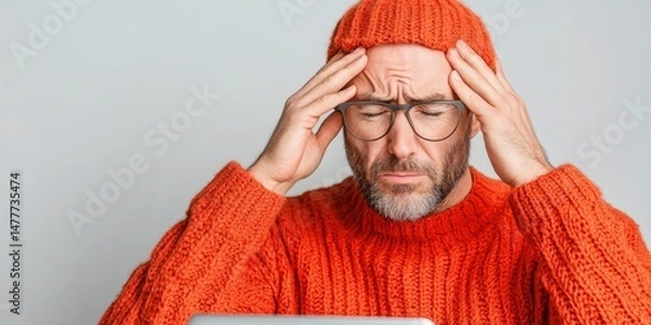 Fototapeta Worried mature man in orange sweater and beanie, touching his temples, looking at laptop screen. Neutral gray background. Studio shot.
