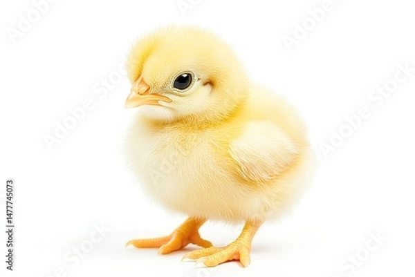 Fototapeta A cute baby chick with soft yellow feathers, isolated on a clean white background