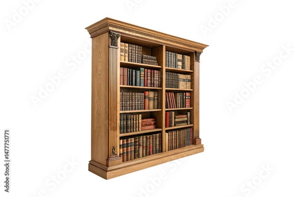 Obraz Grand Oak Bookcase with Intricate Detailing and Classic Book Collection Displayed Neatly transparent background