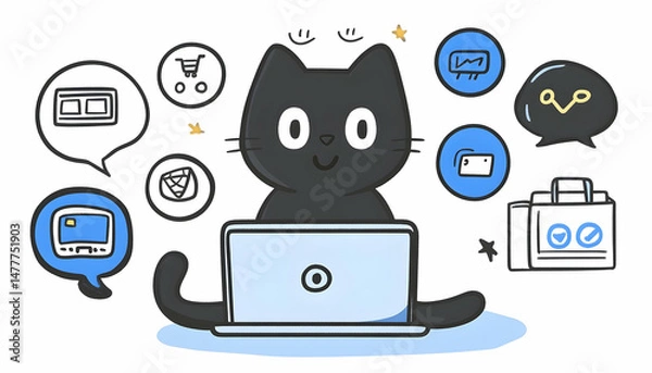Fototapeta A cute black cat sits in front of a laptop, surrounded by various online shopping and business-related icons