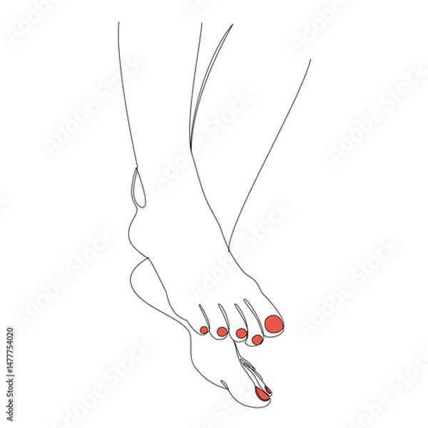 Fototapeta Silhouettes of human legs, feet in modern one line style. Red painted nails. Continuous line drawing, stickers, logo. Vector illustration.