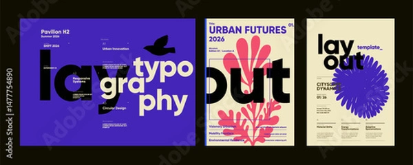 Obraz Vibrant poster series with bold black and purple typography, structured grid layouts, and strong contrast on both dark and light backgrounds.