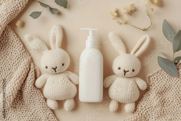 Fototapeta The flat lay features a cozy and minimalist setup with two hand-knitted bunnies and a sleek white shampoo bottle, arranged against a neutral beige background