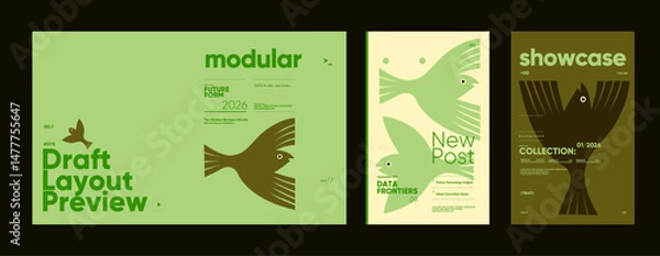 Fototapeta Bird-themed editorial posters in soft green palettes using geometric symmetry, bold layout blocks, and minimal text for modular visual concepts.