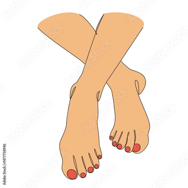 Fototapeta Silhouettes of human legs, feet in modern one line style. Red painted nails. Continuous line drawing, stickers, logo. Vector illustration.