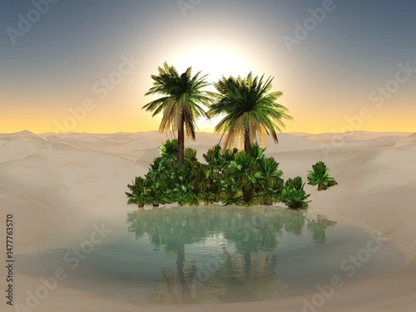 Fototapeta Oasis. Sandy Desert. Palm trees over the water. 3D rendering