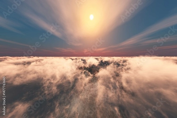 Fototapeta flight among clouds to meet the sun, panorama of clouds, 3d rendering