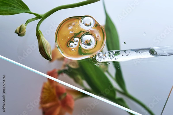 Fototapeta A pipette with a beautiful drop of serum on a background of lily flowers.