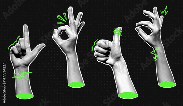 Fototapeta Halftone hands collection. Halftone hands show different gestures, okay, thumb up. Stylish halftone collage design elements. Hand gestures in pop art style. Vector