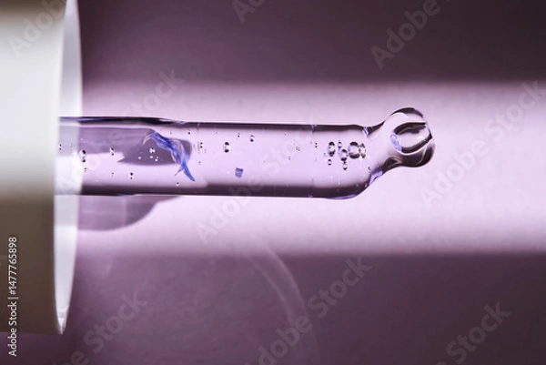 Fototapeta Pipette with serum on purple background with sunlight.