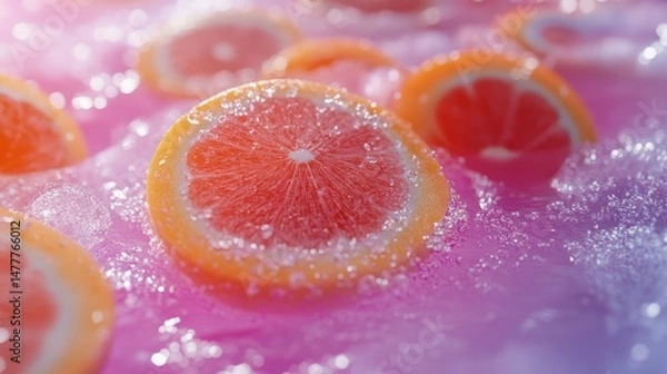 Fototapeta Vibrant grapefruit slices adorned with crystalline sugar sparkle on pink surface