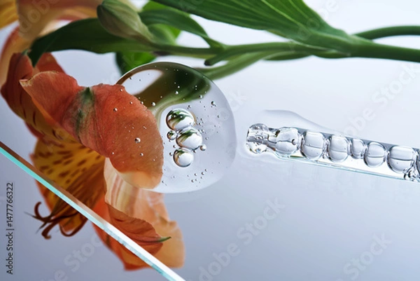 Fototapeta A pipette with a beautiful drop of serum on a background of lily flowers.