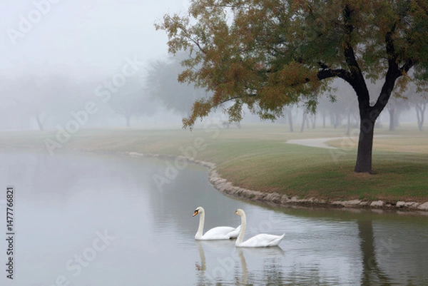 Fototapeta serene scene of swans gracefully floating on tranquil water soft pastel colors dominate landscape