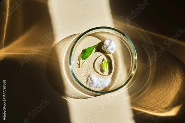Fototapeta Various cosmetics in a petri dish on a beige background.