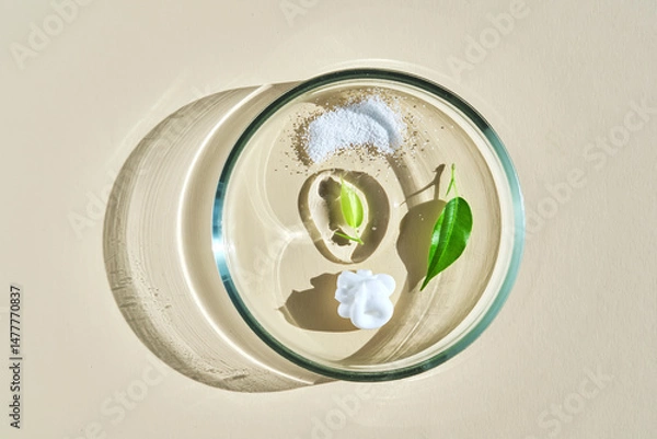 Fototapeta Various cosmetics in a petri dish on a beige background.