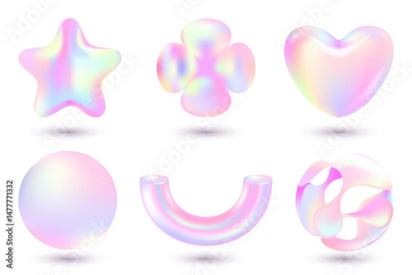 Fototapeta Shiny holographic 3d geometric shapes se. Abstract glossy design elements for banner, brochure, poster. Vector icons