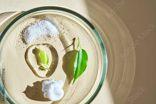 Fototapeta The texture of facial serum, cream and enzyme powder in a petri dish on a beige background.