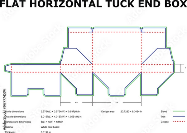 Fototapeta Flat horizontal tuck end box diagram illustrating dimensions and bleed lines for packaging design