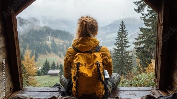 Obraz Remote work in a cozy cabin with solar panels, wind power, and a scenic mountain valley view.