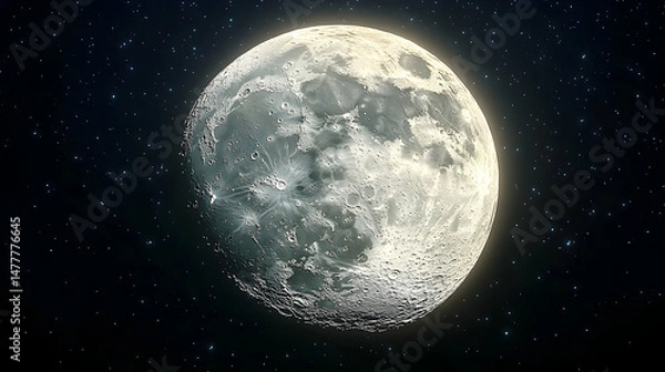 Fototapeta A luminous full moon dominates a dark, star-speckled night sky.  Its surface is detailed, showing craters and varied texture
