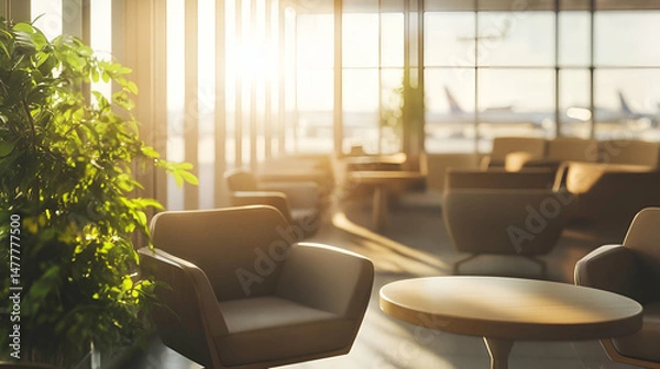 Fototapeta Airport Lounge with Sunlight Streaming Through Large Windows