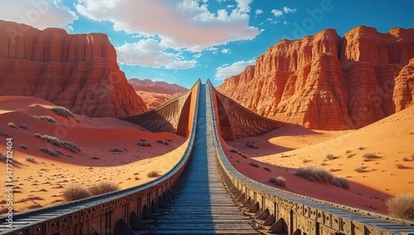Fototapeta A long wooden bridge stretches across a desert landscape, flanked by towering red rock formations under a vibrant blue sky. The scene evokes a sense of adventure and the vastness of nature.