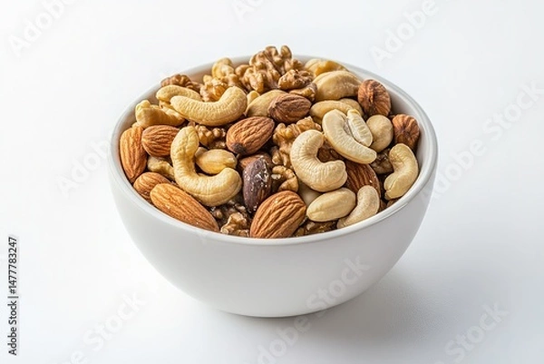 Fototapeta A small bowl of mixed nuts with cashews, walnuts, and almonds, isolated on a smooth white surface