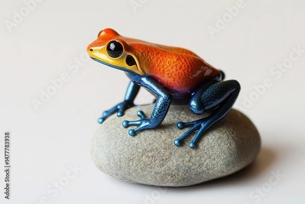 Fototapeta A small, colorful frog with smooth skin, perched on a rock, isolated against a white background