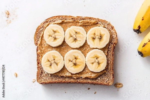 Fototapeta A slice of whole grain bread with a spread of almond butter, topped with banana slices, placed on a clean white surface