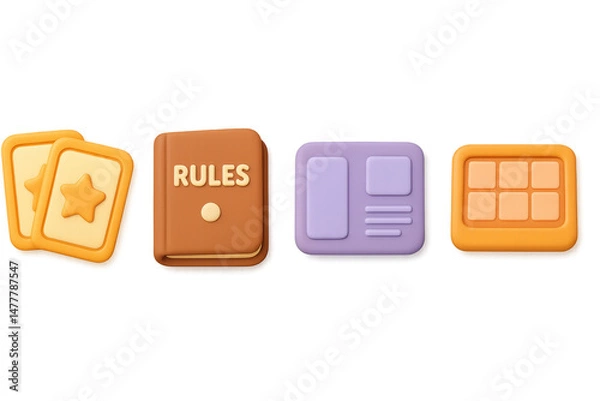 Obraz Isometric icon set: cards, rulebook, layout, calendar in 3d style