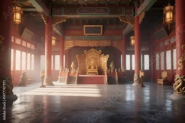 Fototapeta Grand Golden Throne Hall with Red Columns and Ornate Decorations in Imperial Palace Sunlight Illuminating the Empty Room