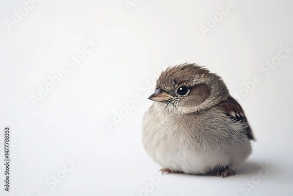 Fototapeta A tiny sparrow with brown and gray feathers, sitting contentedly against a pure white backdrop
