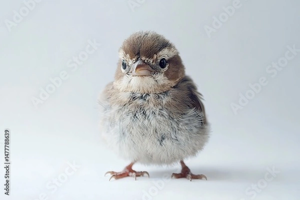 Fototapeta A tiny sparrow with brown and gray feathers, sitting contentedly against a pure white backdrop