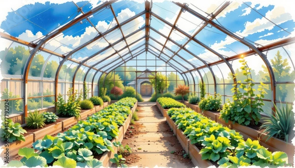 Fototapeta a watercolor hued illustration showcases a tranquil garden greenhouse, where rows of verdant vegetable beds stretch out towards a vibrant, blue sky, bathed in the soft glow of sunlight.