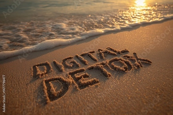 Fototapeta Digital detox concept, words written on the sand of beach, Rest from social media gadget and internet, generative ai