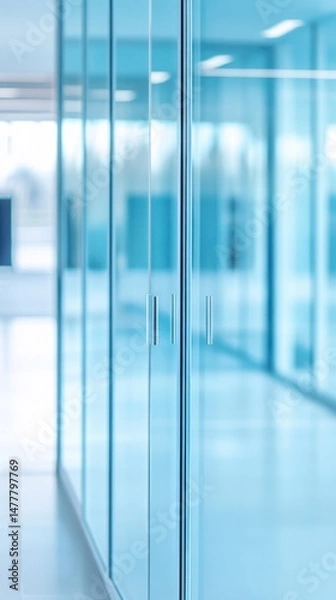 Fototapeta Modern Office Interior with Glass Walls and Doors in Blue Tones Abstract Architectural Detail of a Corporate Space