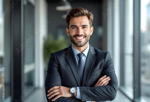 Fototapeta Real estate businessman in office confidently smiles at camera wearing formal attire during client consultation