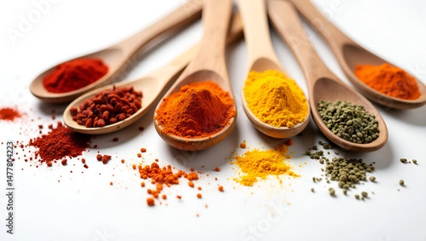 Fototapeta A Collection of Various Wooden Spoons Each Containing Different Spices and Herbs – Rustic Culinary Flat Lay for Kitchen and Cooking Themes