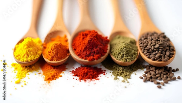 Fototapeta A Collection of Various Wooden Spoons Each Containing Different Spices and Herbs – Rustic Culinary Flat Lay for Kitchen and Cooking Themes