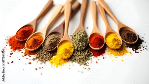 Fototapeta A Collection of Various Wooden Spoons Each Containing Different Spices and Herbs – Rustic Culinary Flat Lay for Kitchen and Cooking Themes