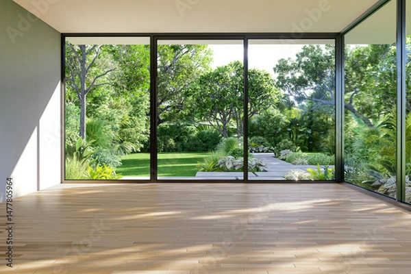 Fototapeta Modern contemporary style empty room with tropical green garden background 3d render