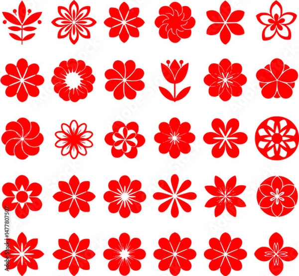 Obraz 30 Red Flower Icons Floral Symbols Vector Graphics Design Elements