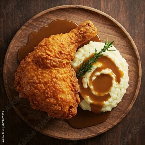 Fototapeta Delicious roasted chicken leg with creamy mashed potatoes on a plate.