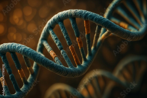 Fototapeta Detailed DNA Helix close-up - Genetics and Biotechnology concept with warm lighting. Ideal for themes of biotechnology, research, science, and molecular medicine.