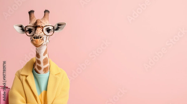 Fototapeta Fashionable giraffe in glasses and yellow jacket against pastel pink background with empty space. Funny banner for bright design