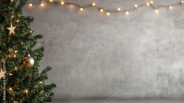 Obraz Festive christmas tree with golden ornaments and twinkling lights against a muted gray background