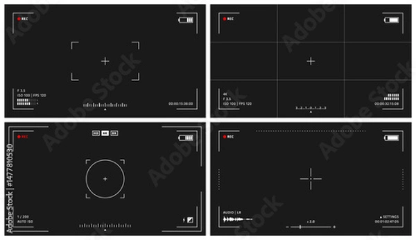 Fototapeta Camera viewfinder overlay collection. Video camera viewfinder on a black background. Video camera viewfinder display frame with indicators for recording video and photos. Vector